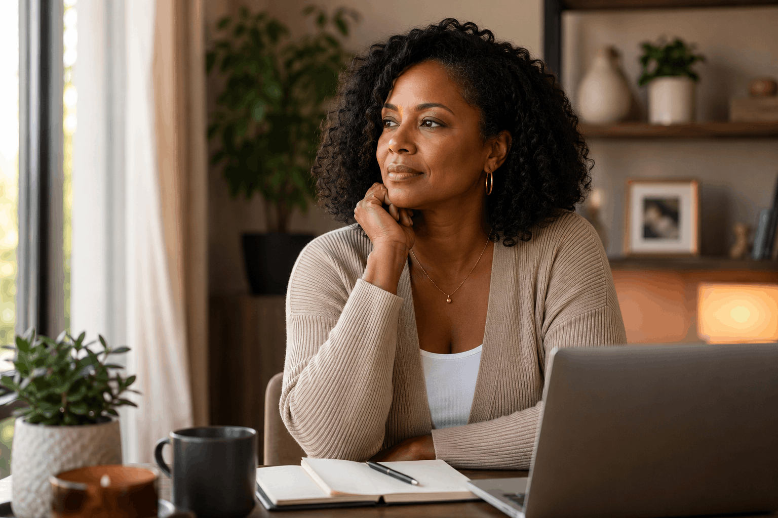 black woman sitting and thinking
