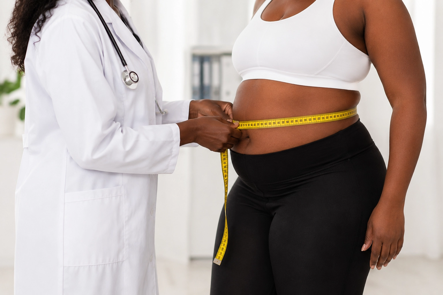 Doctor measuring a patient's waist during a medical weight loss consultation.