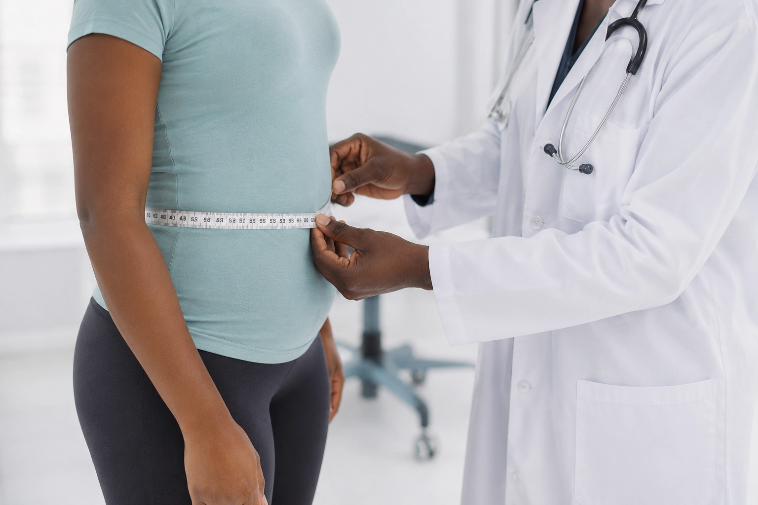 Healthcare professional measuring a patient's waist during a medical weight loss assessment.