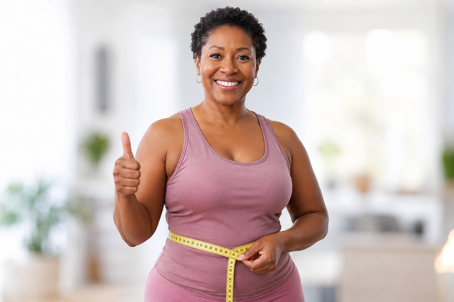 Happy patient showing weight loss progress with a measuring tape around her waist