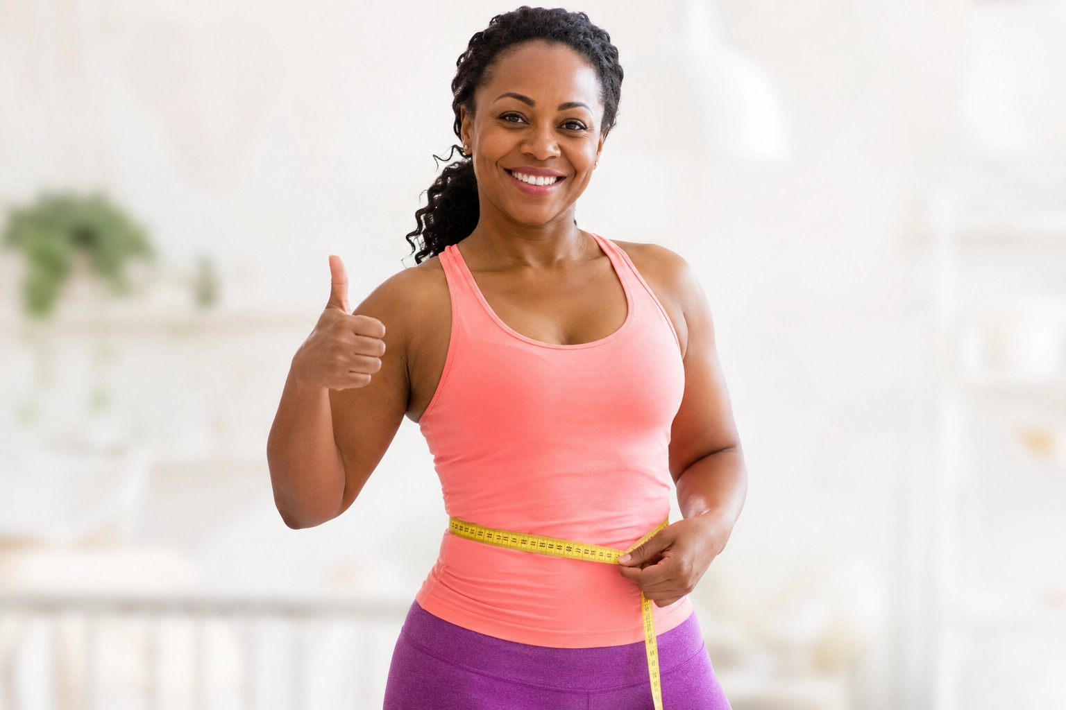 Happy woman celebrating successful weight loss with a thumbs-up gesture.