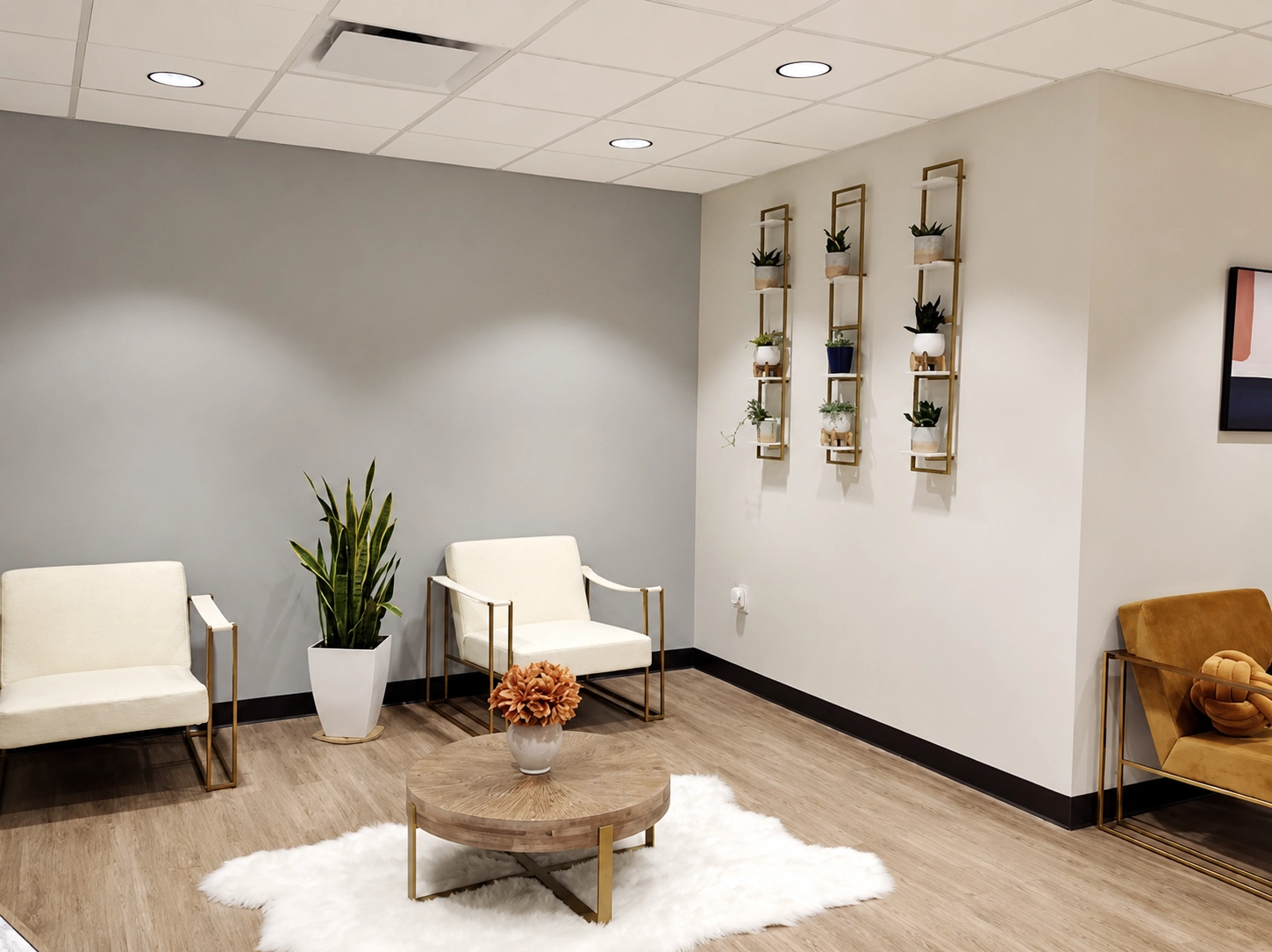 Modern medical weight loss clinic waiting area with comfortable seating and welcoming décor.