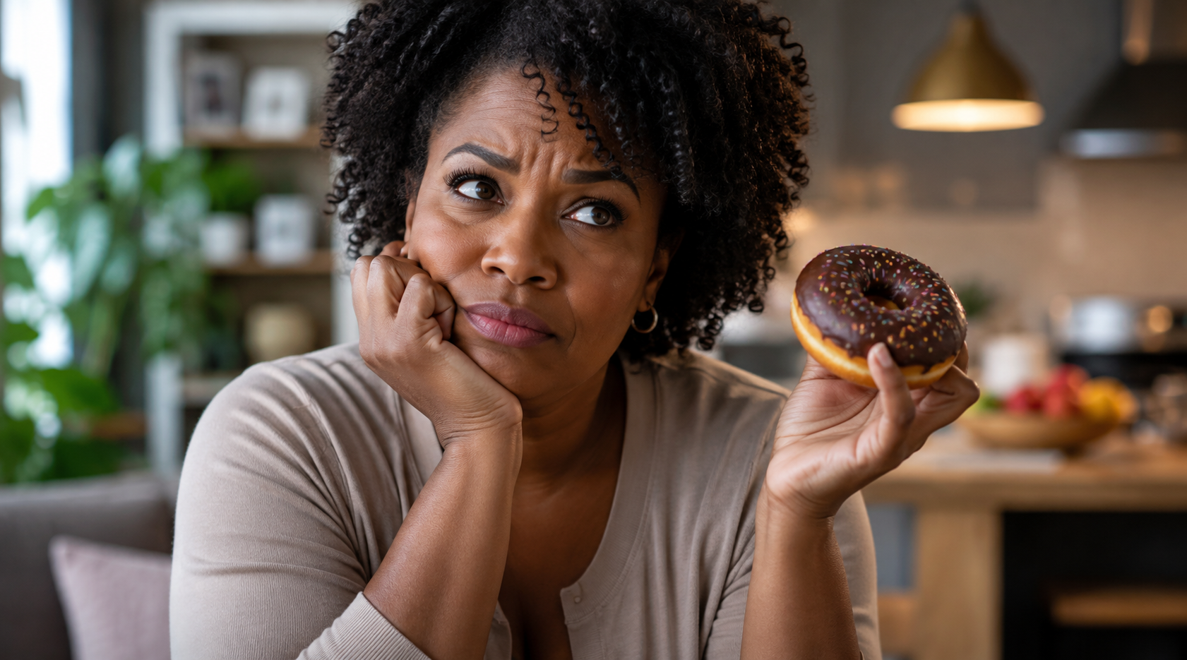 black woman Contemplating a Chocolate-Frosted Donut
